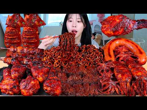 ASMR MUKBANG| 직접 만든 불닭 짜장 버섯 양념치킨 소세지 오징어 먹방 & 레시피 SPICY MUSHROOMS AND FIRE NOODLES EATING thumbnail