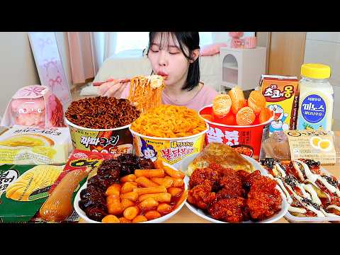 ASMR MUKBANG| 편의점 직접 만든 불닭 떡볶이 양념치킨 김밥 디저트 먹방 & 레시피 Convenience Store Food EATING thumbnail